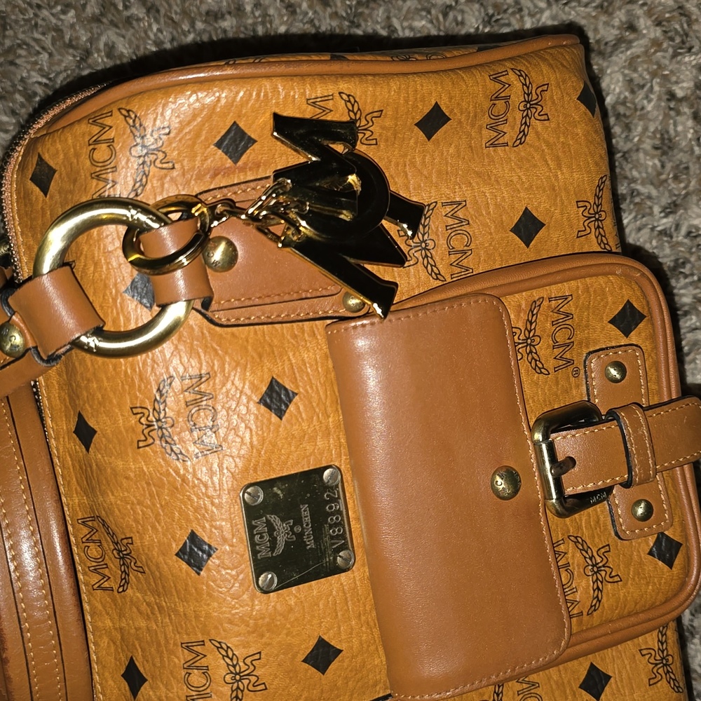 Authentic MCM Cognac Visetos Boston Satchel with Charm